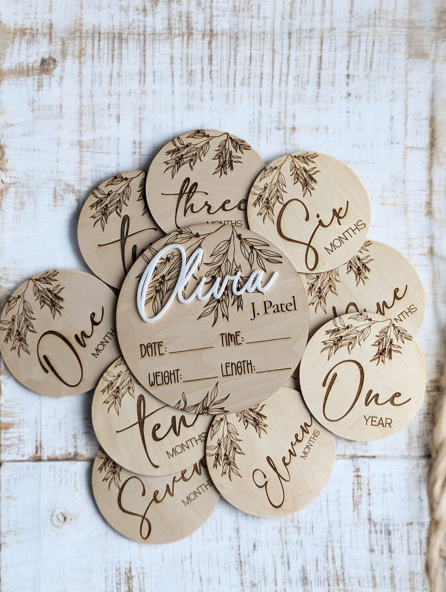 Baby Announcement and Milestone Wood Rounds with Branches