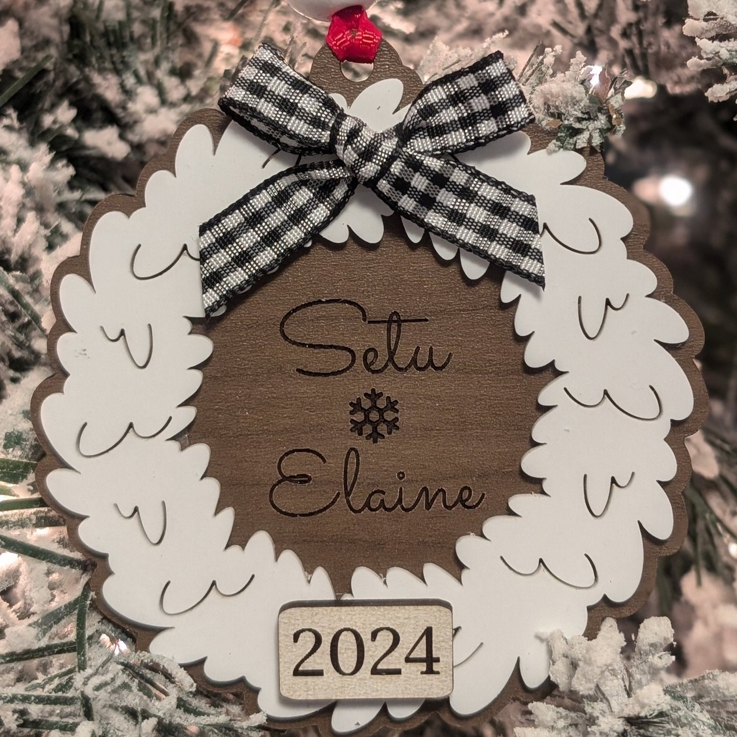 Double Layered Wood and Acrylic Personalized Wreath Ornament