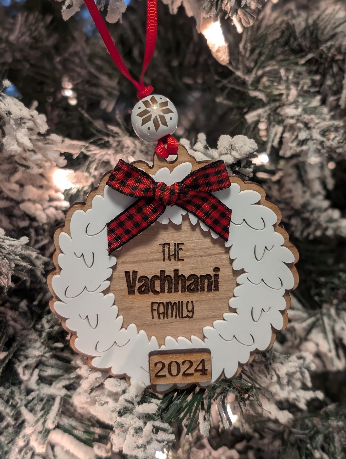 Double Layered Wood and Acrylic Personalized Wreath Ornament