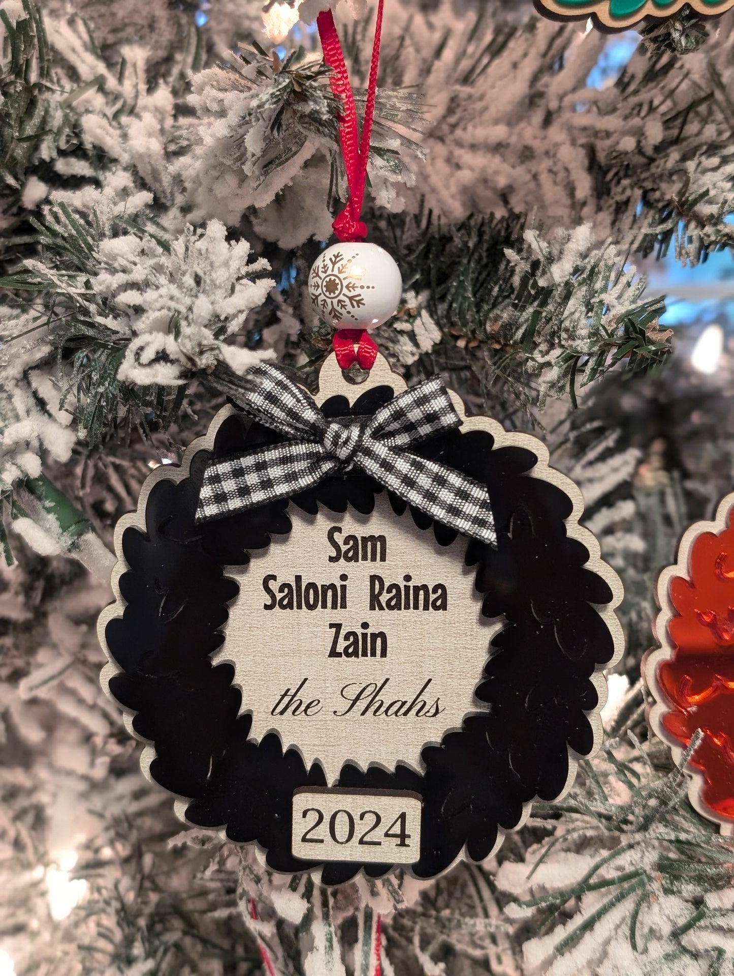 Double Layered Wood and Acrylic Personalized Wreath Ornament