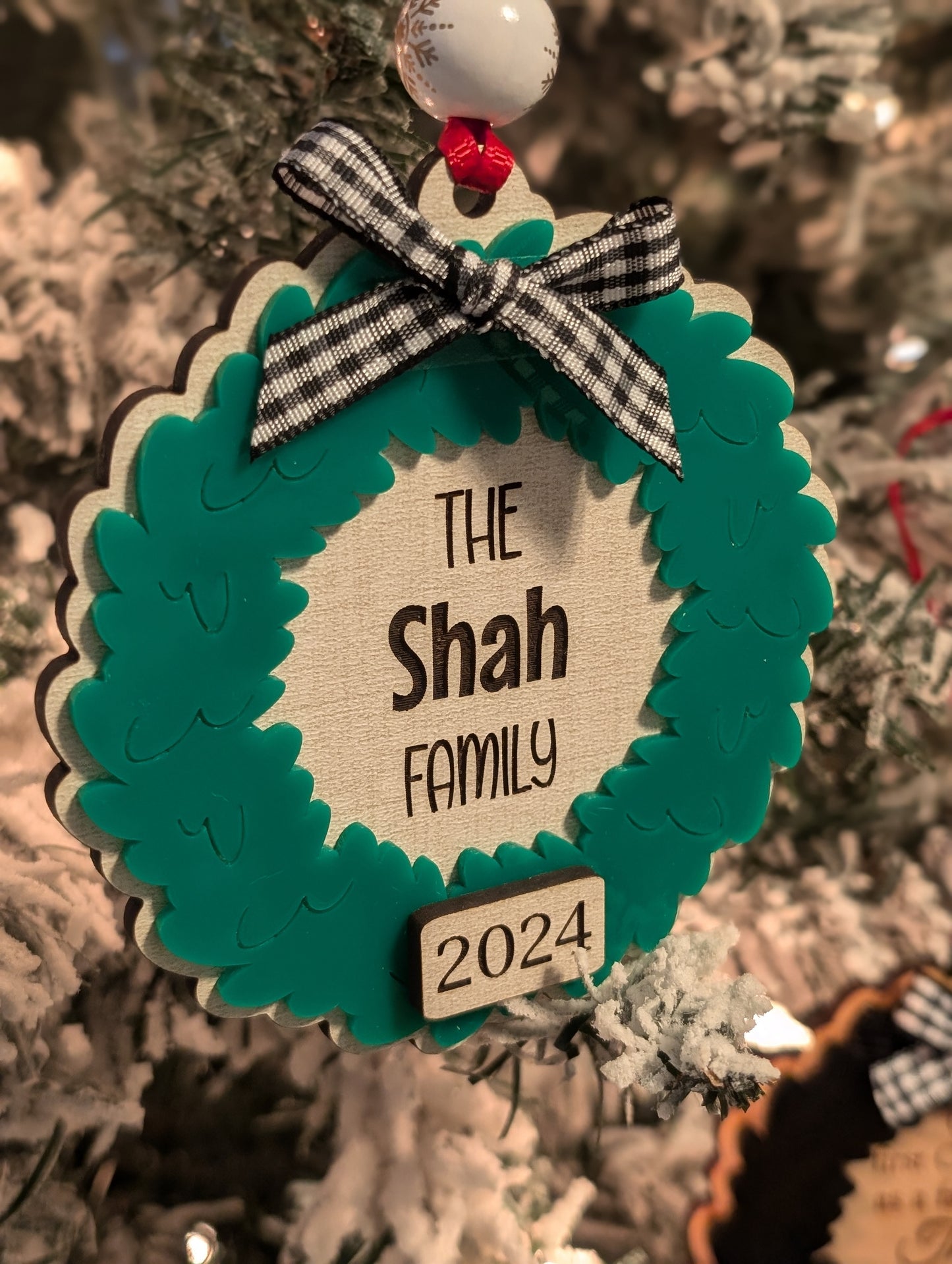 Double Layered Wood and Acrylic Personalized Wreath Ornament