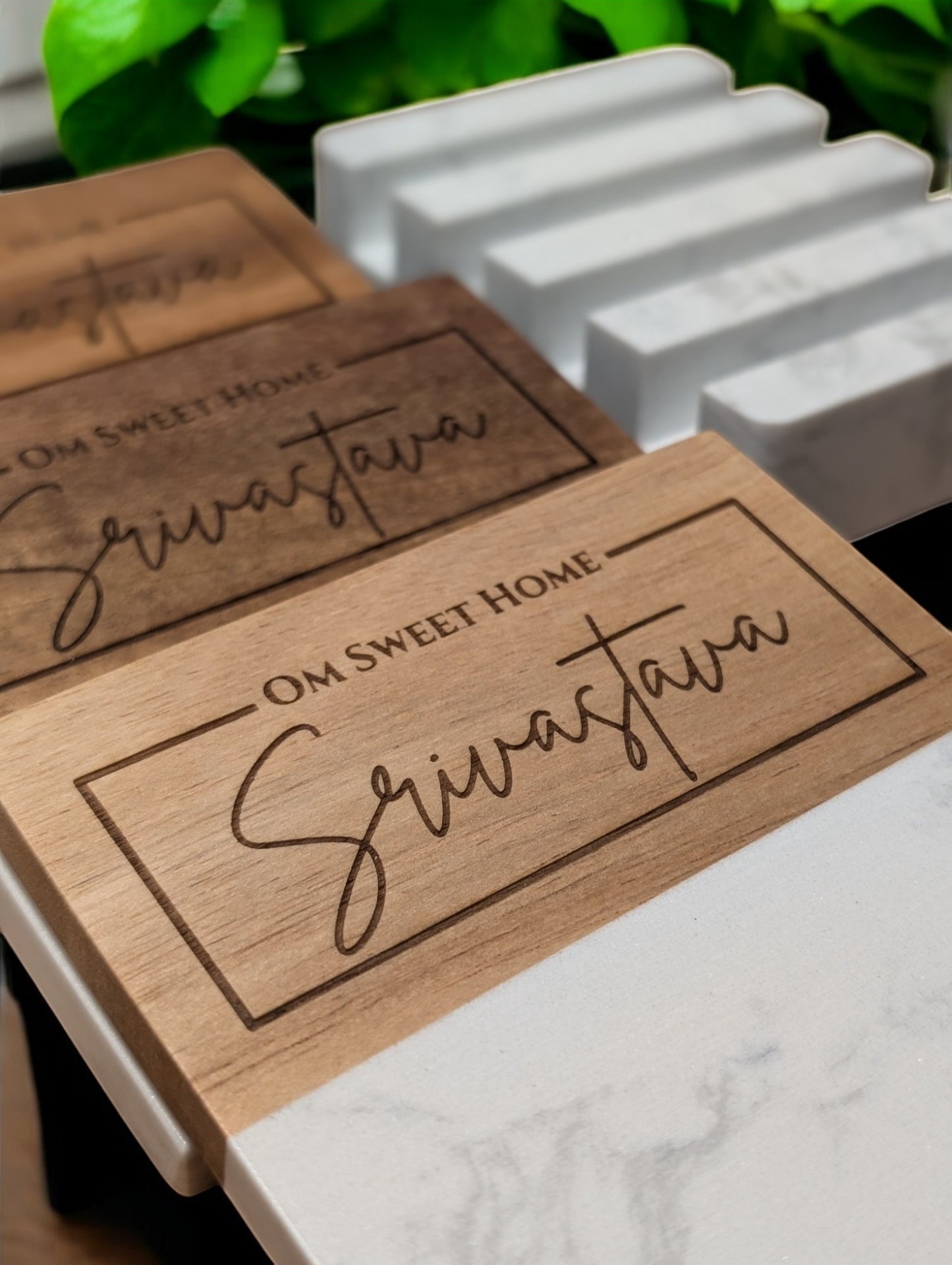 "Om Sweet Home" Personalized Wood and Marble Coaster Set