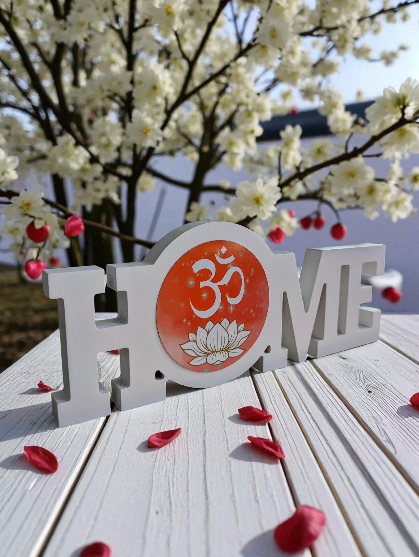 White Wooden “Home” Sign with Om & Lotus Design