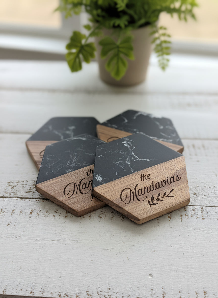 Hexagon Black Marble and Wood Personalized Coaster Set