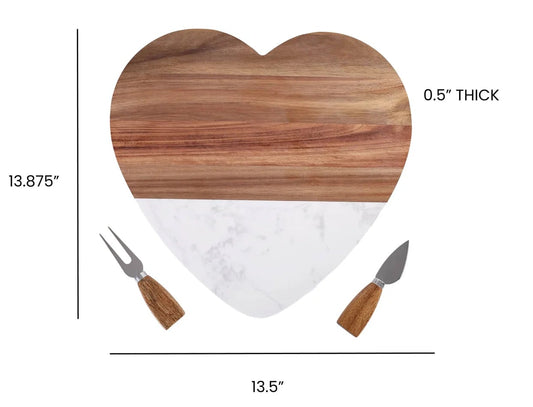 Heart Shaped 3pc Marble and Wood Serving Board