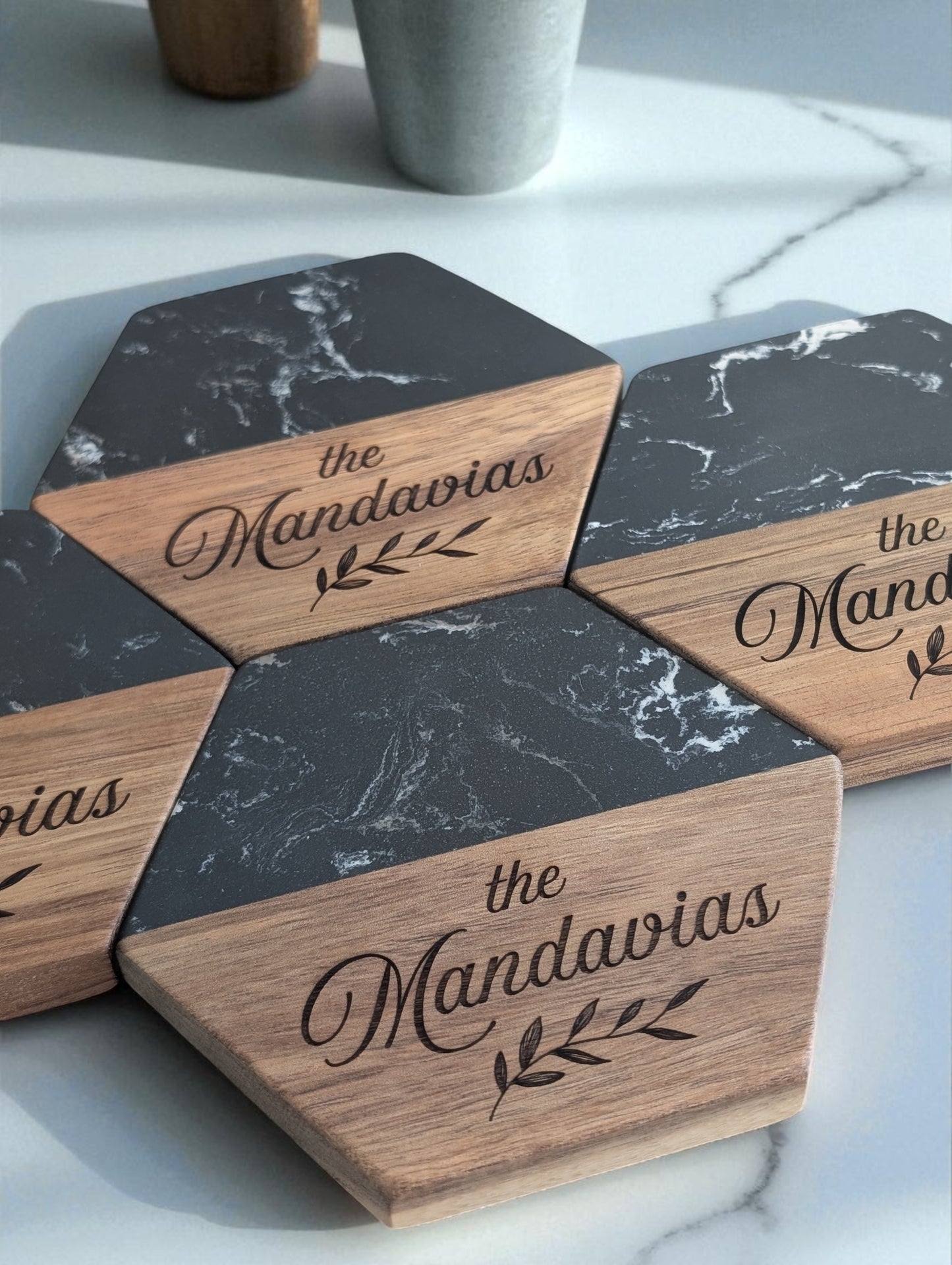 Hexagon Black Marble and Wood Personalized Coaster Set