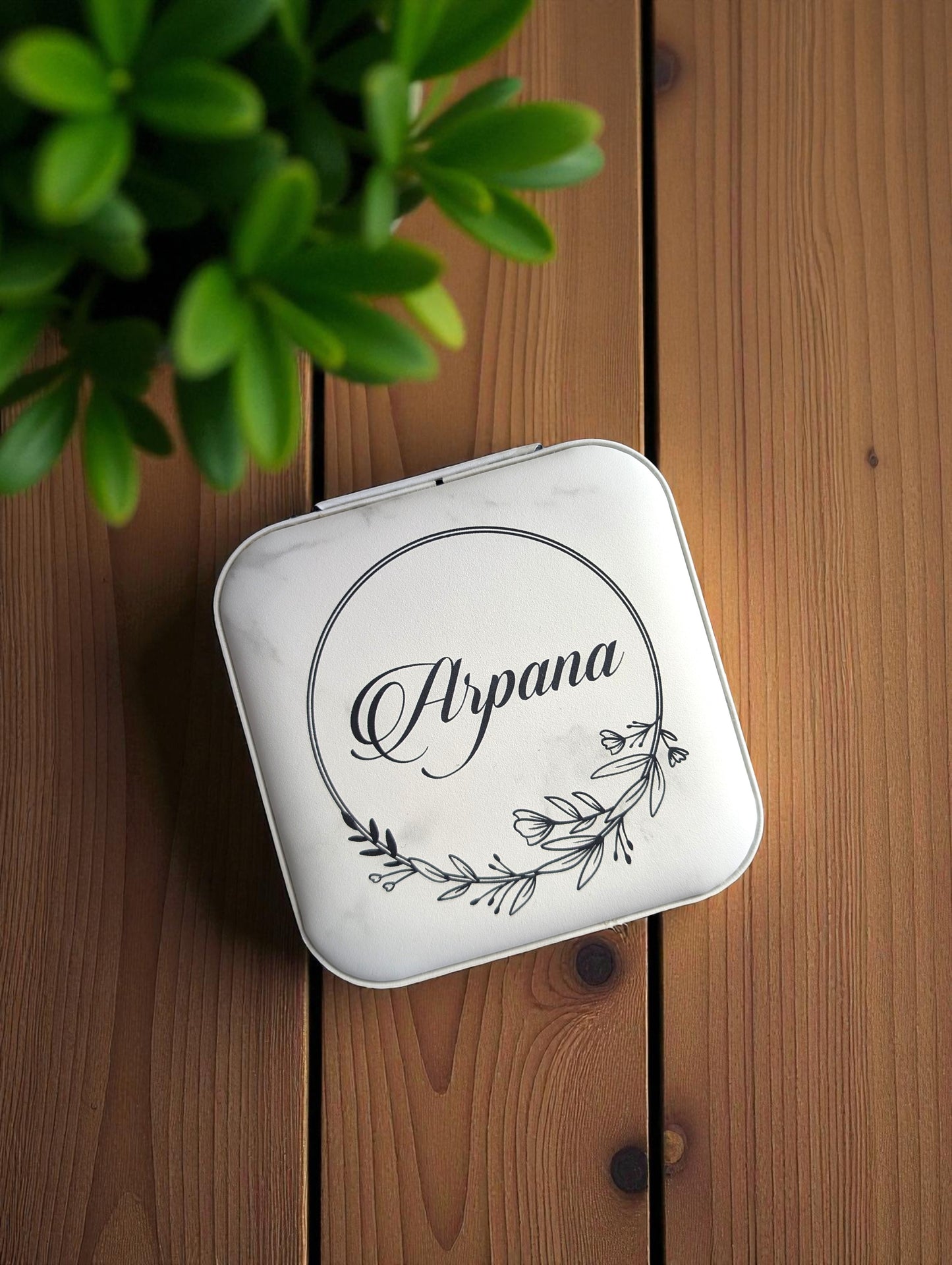 Personalized Leatherette Travel Jewelry Box with Floral Wreath