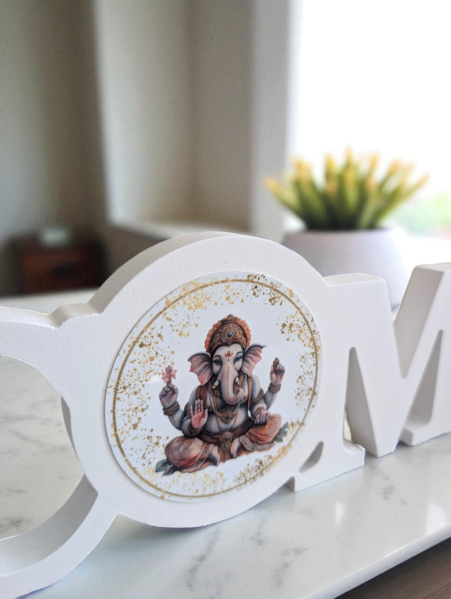 White Wooden “Welcome” Sign with Ganesh