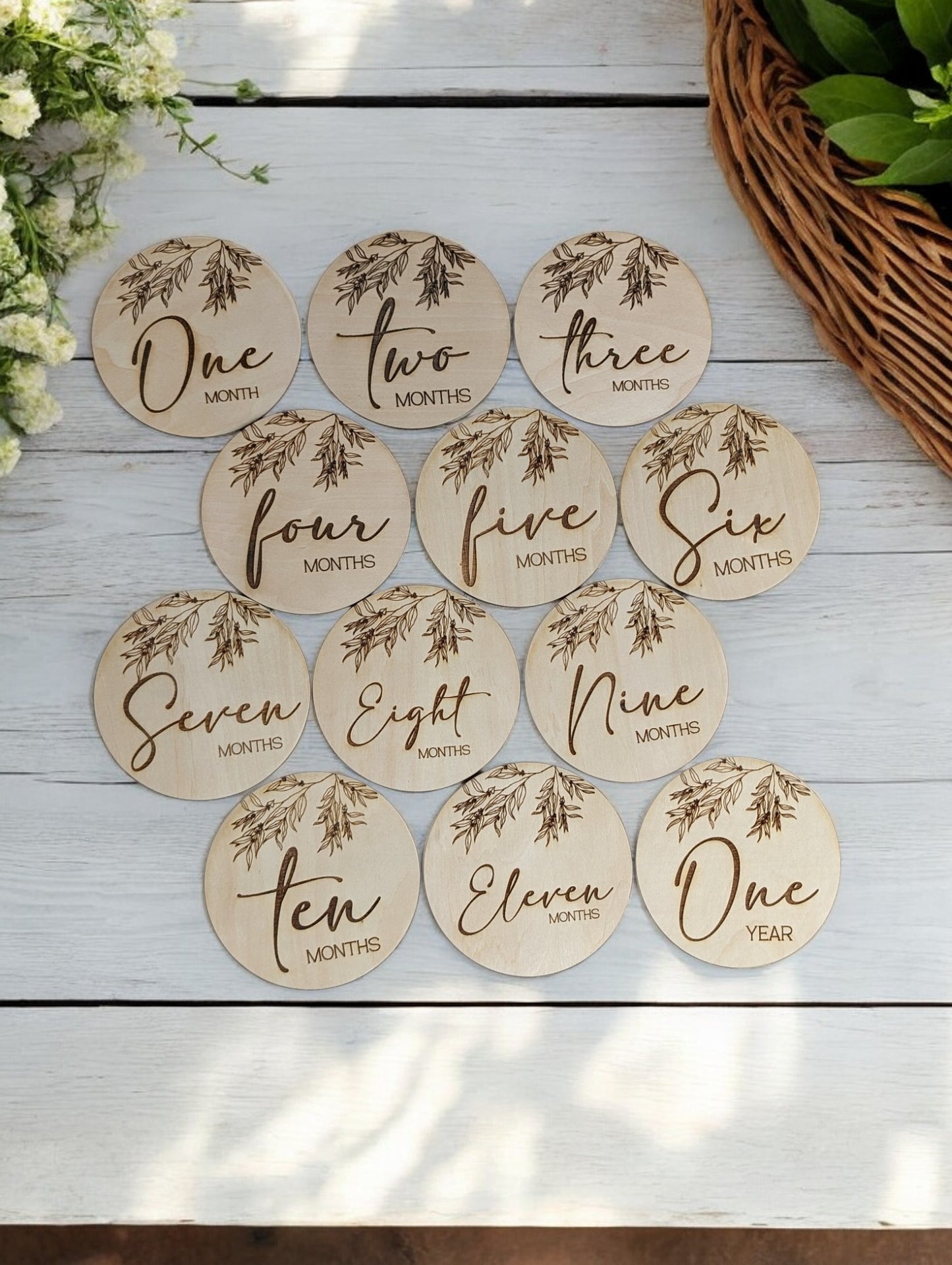 Baby Announcement and Milestone Wood Rounds with Branches