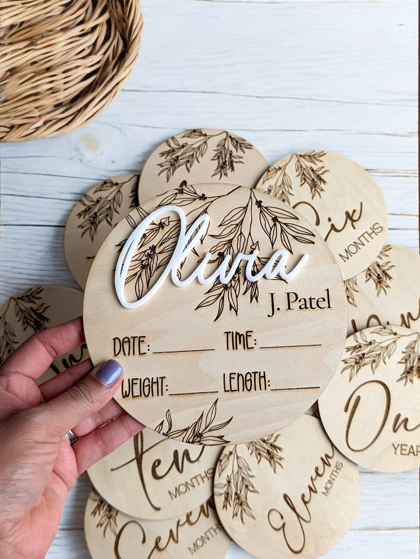 Baby Announcement and Milestone Wood Rounds with Branches