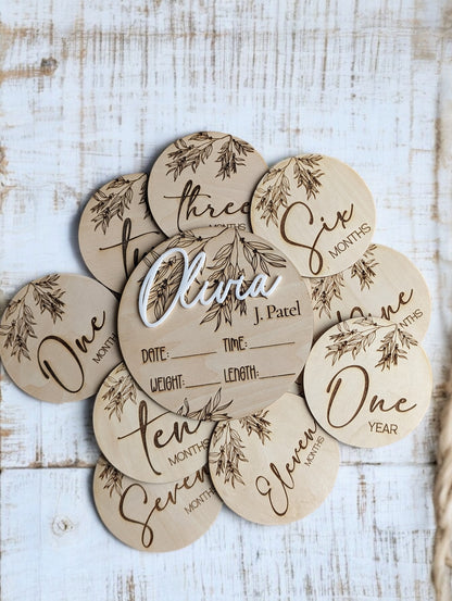 Baby Announcement and Milestone Wood Rounds with Branches