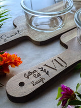 Personalized Acacia Serving Paddle Tray with Glass Bowls