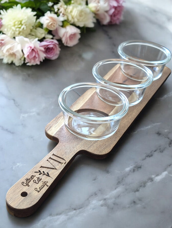 Personalized Acacia Serving Paddle Tray with Glass Bowls