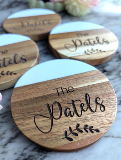 Round Marble and Wood Personalized Coaster Set with Vine