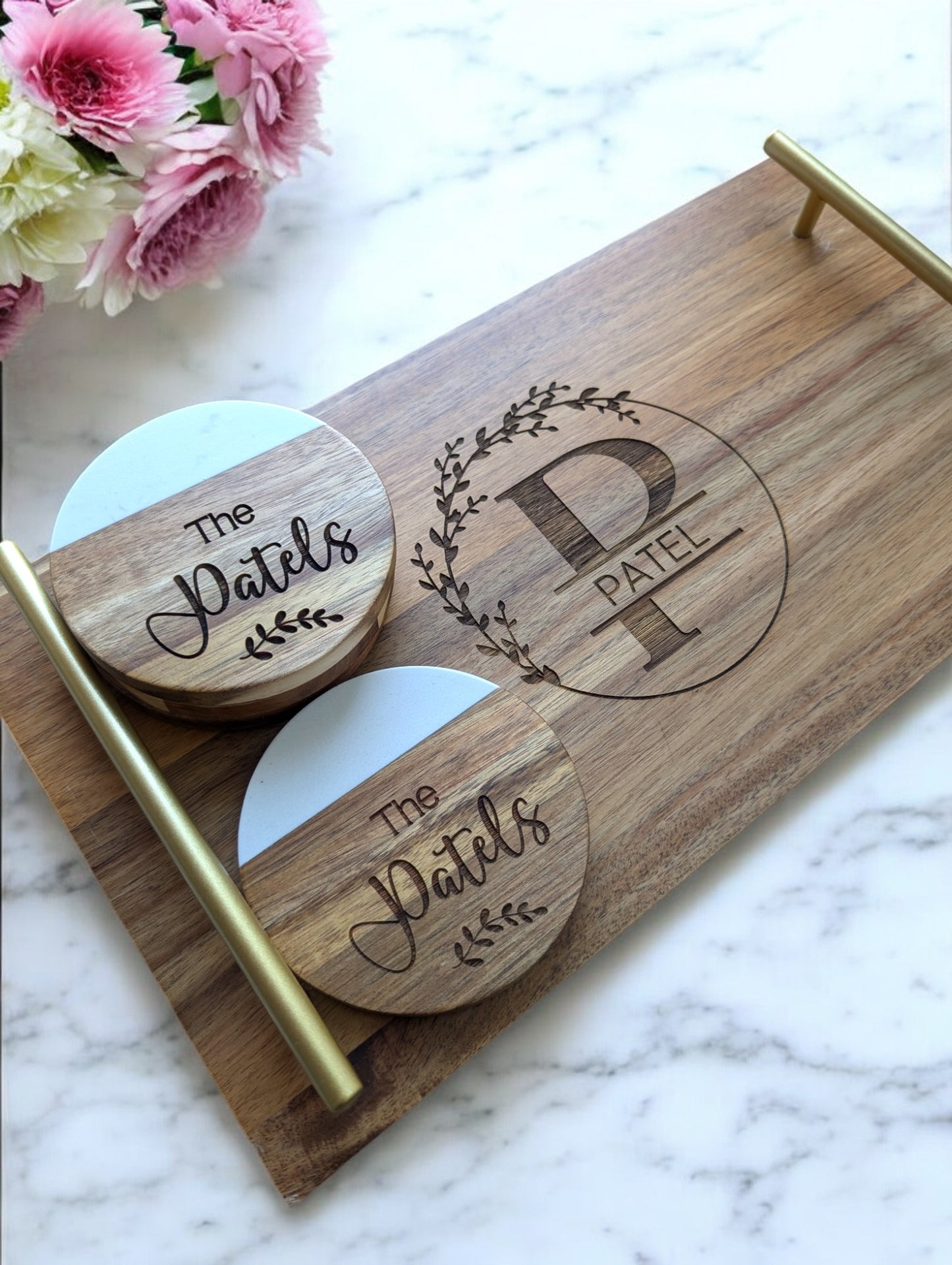 Round Marble and Wood Personalized Coaster Set with Vine