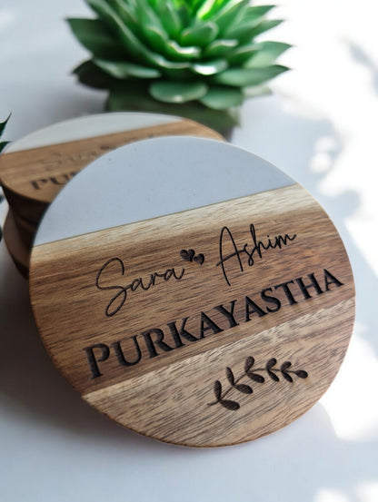 Round Marble and Wood Personalized Coaster Set with Vine