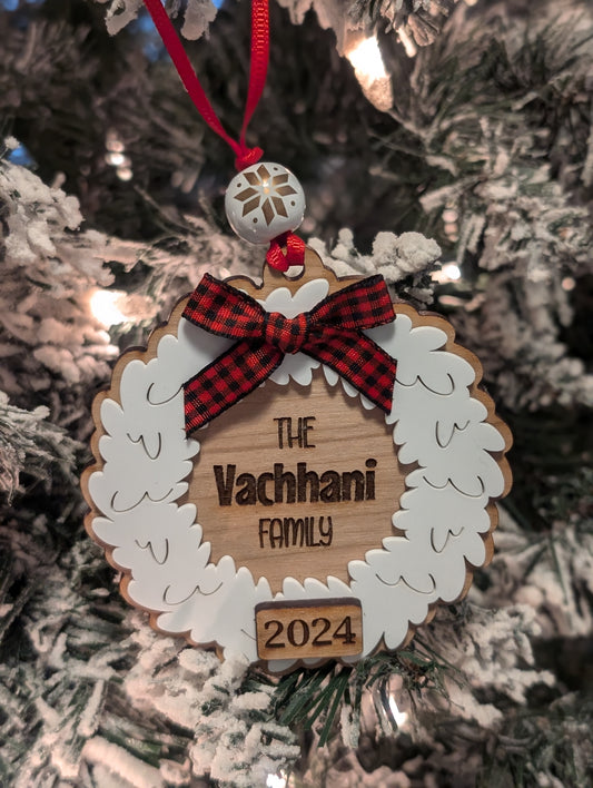 Double Layered Wood and Acrylic Personalized Wreath Ornament