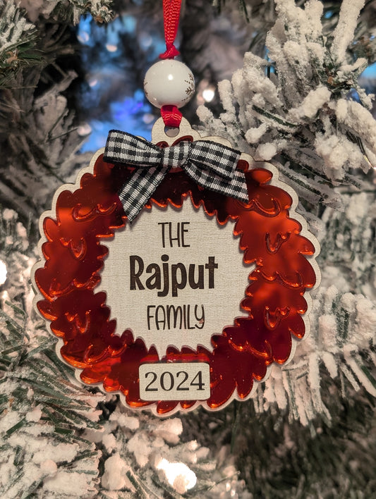 Double Layered Wood and Acrylic Personalized Wreath Ornament