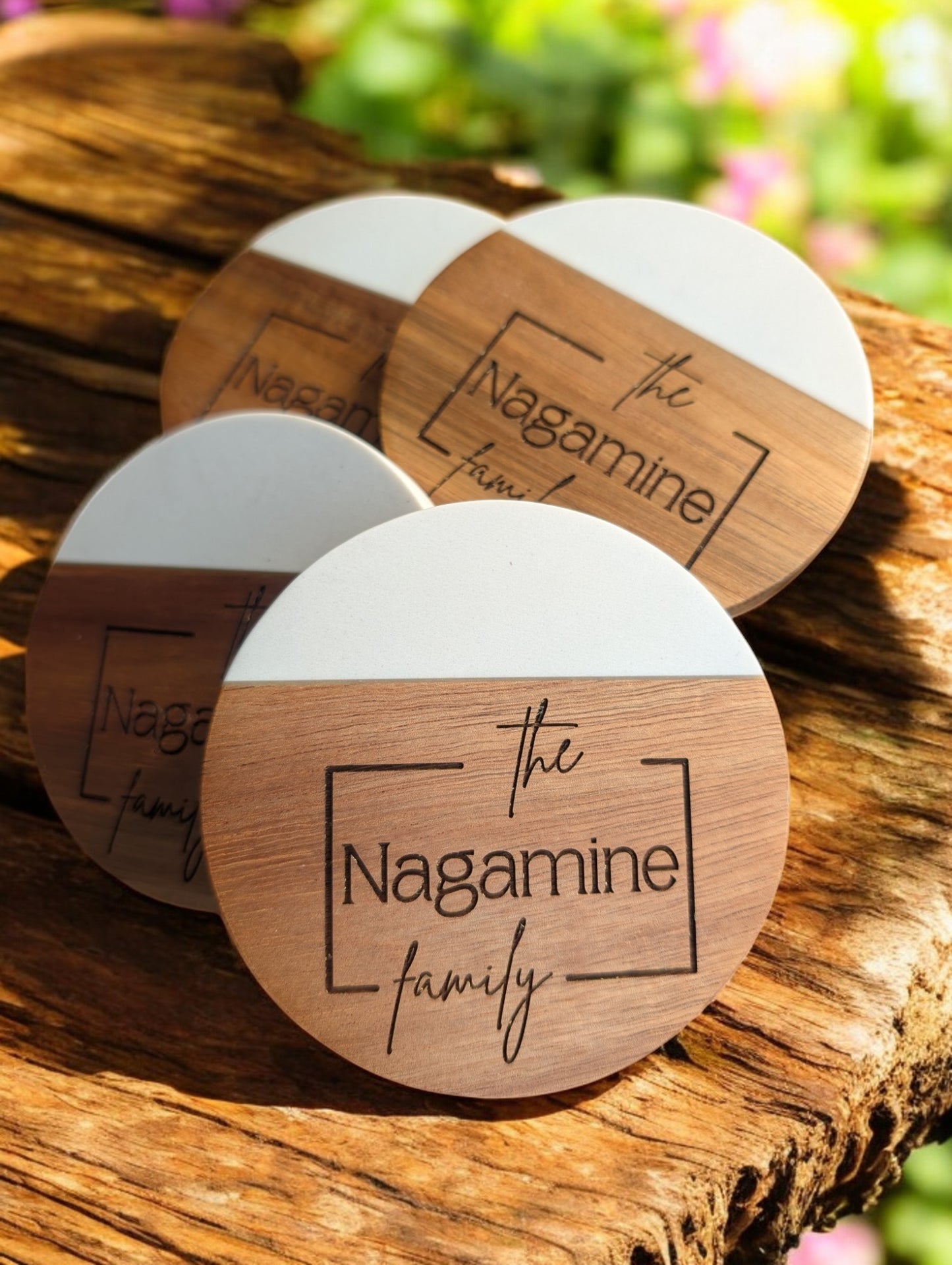 Round Marble and Wood Personalized Coaster Set - Logo Style