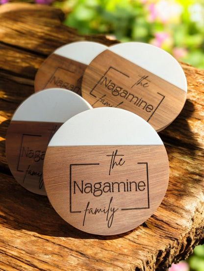 Round Marble and Wood Personalized Coaster Set - Logo Style