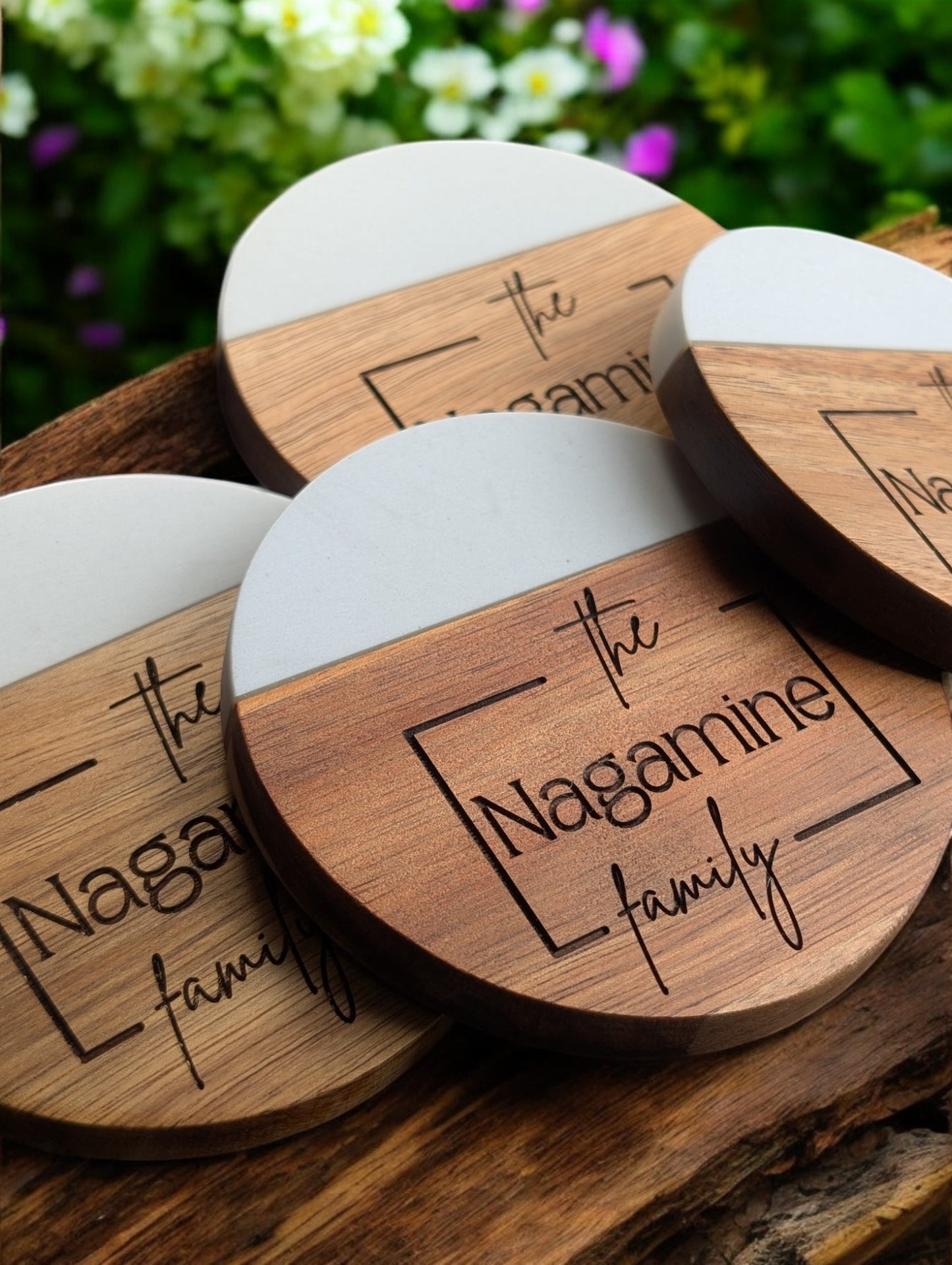 Round Marble and Wood Personalized Coaster Set - Logo Style