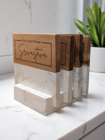 "Om Sweet Home" Personalized Wood and Marble Coaster Set