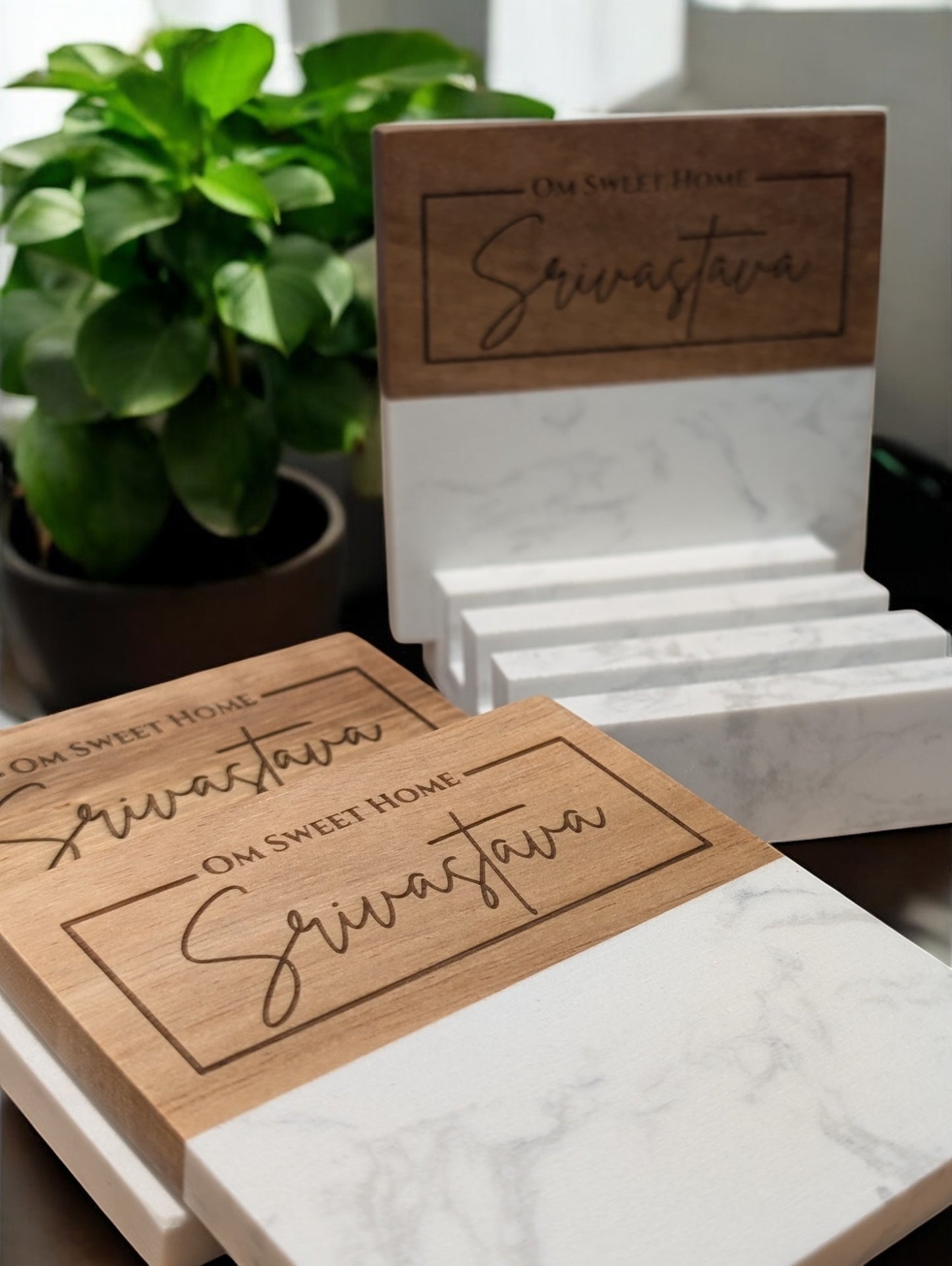 "Om Sweet Home" Personalized Wood and Marble Coaster Set