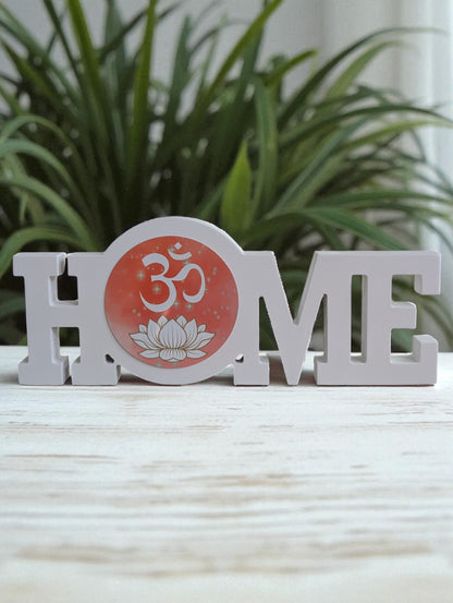 White Wooden “Home” Sign with Om & Lotus Design