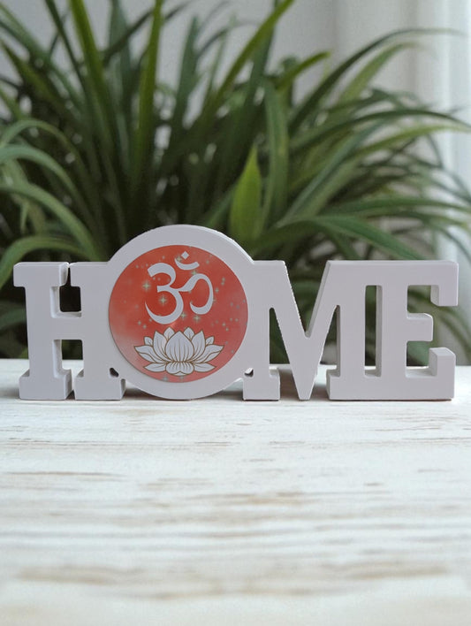 White Wooden “Home” Sign with Om & Lotus Design