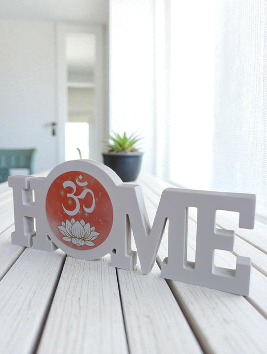 White Wooden “Home” Sign with Om & Lotus Design