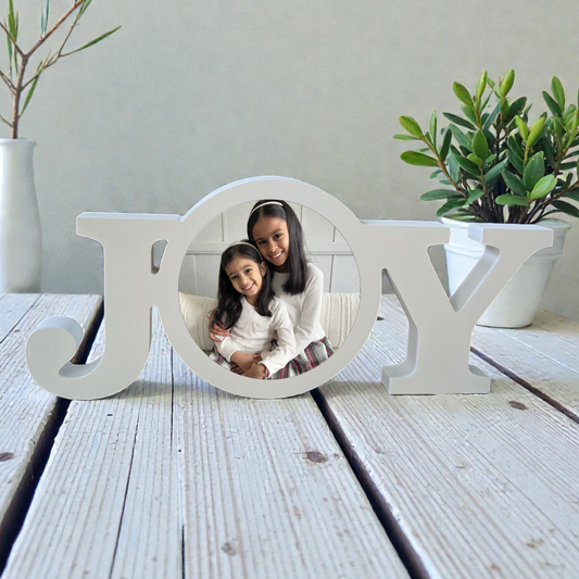 White Wooden “Joy” Word Block With Photo