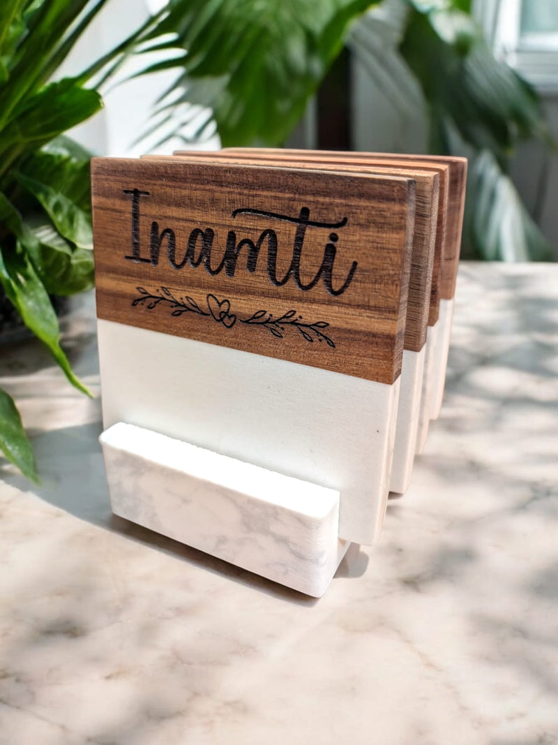 Personalized Marble and Wood Coasters with Marble Stand