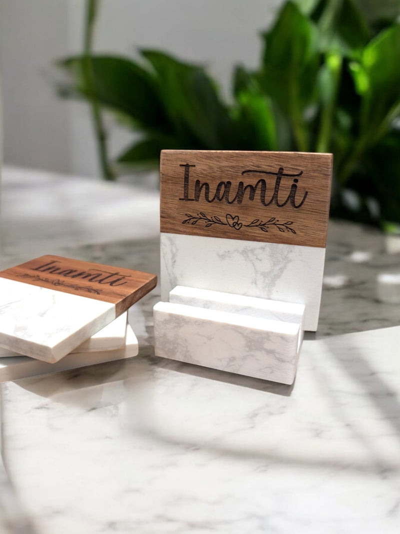 Personalized Marble and Wood Coasters with Marble Stand