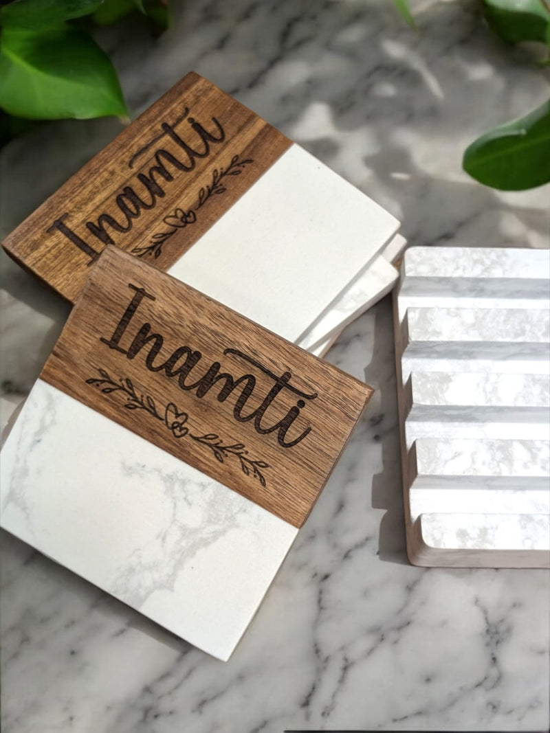 Personalized Marble and Wood Coasters with Marble Stand