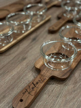 Personalized Acacia Serving Paddle Tray with Glass Bowls