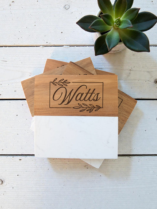 Personalized Marble and Wood Coasters with Marble Stand