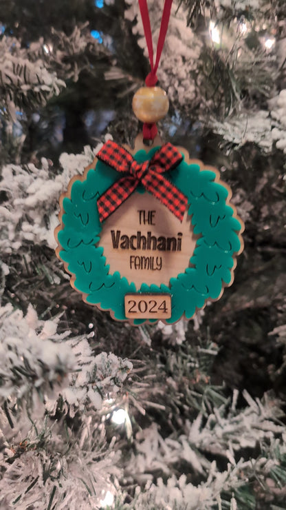Double Layered Wood and Acrylic Personalized Wreath Ornament