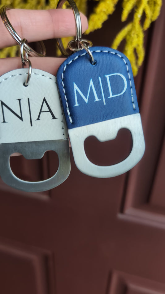 Leatherette Bottle Opener Keychain with Initials