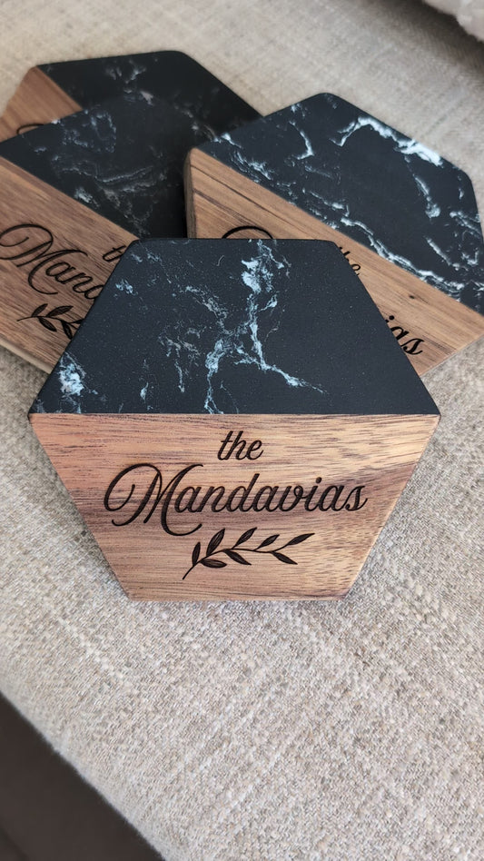 Hexagon Black Marble and Wood Personalized Coaster Set