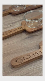 Personalized Acacia Serving Paddle Tray with Glass Bowls