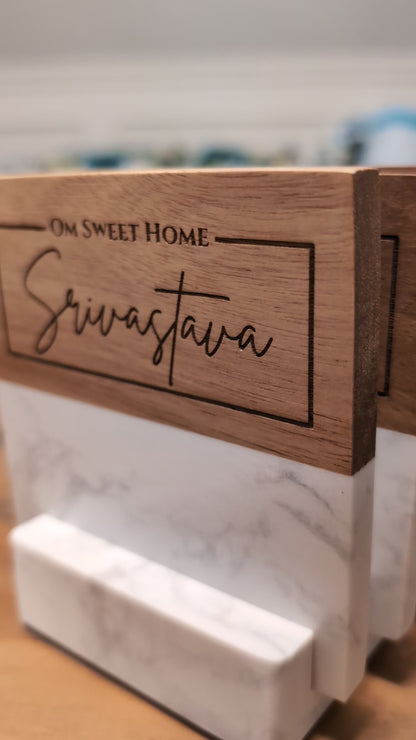 "Om Sweet Home" Personalized Wood and Marble Coaster Set