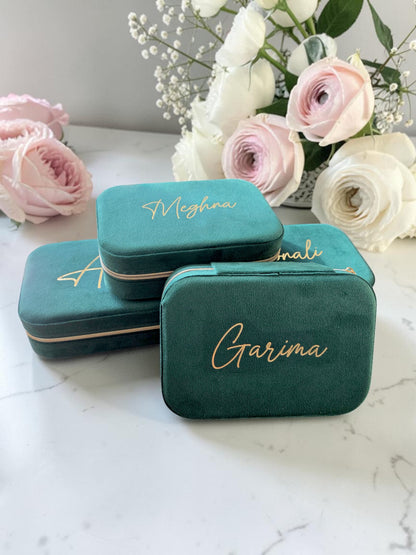 Personalized Forest Green Velvet Medium Travel Jewelry Box