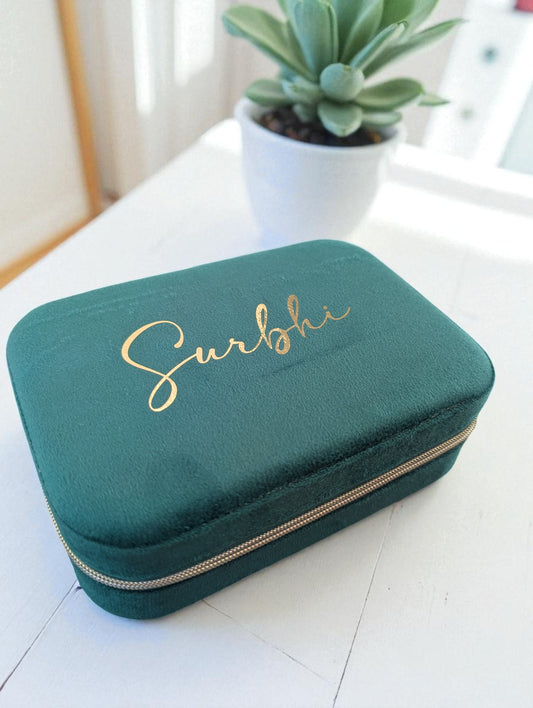 Personalized Forest Green Velvet Medium Travel Jewelry Box