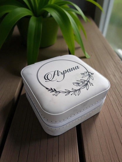 Personalized Leatherette Travel Jewelry Box with Floral Wreath