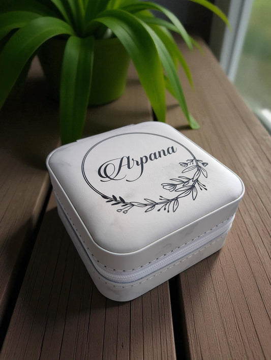 Personalized Leatherette Travel Jewelry Box with Floral Wreath