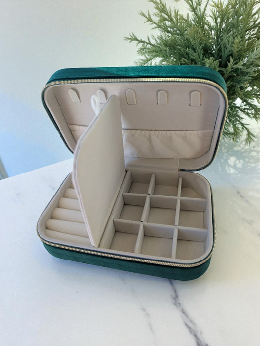 Personalized Forest Green Velvet Medium Travel Jewelry Box