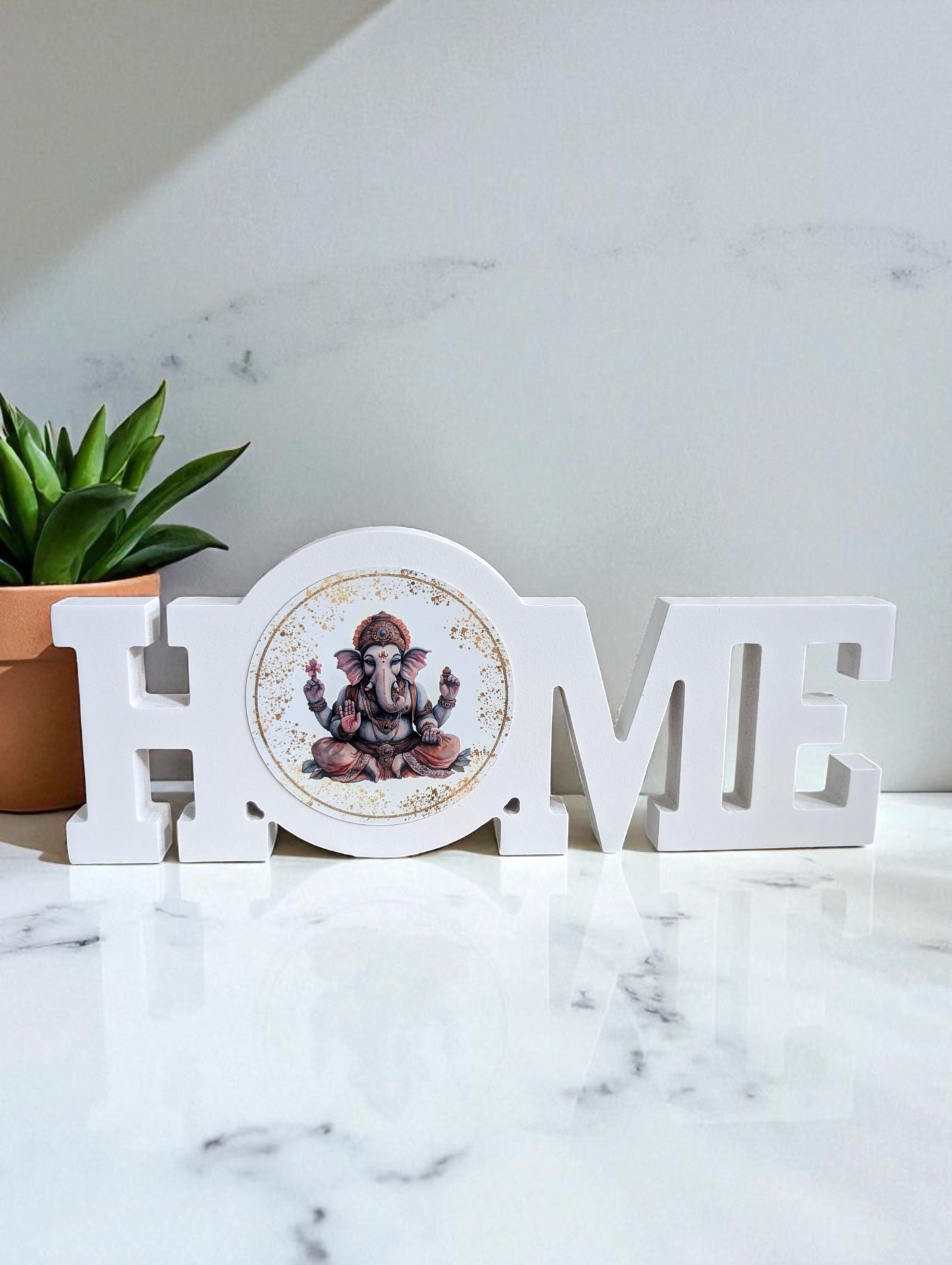 White Wooden “Home” Sign with Om & Lotus Design