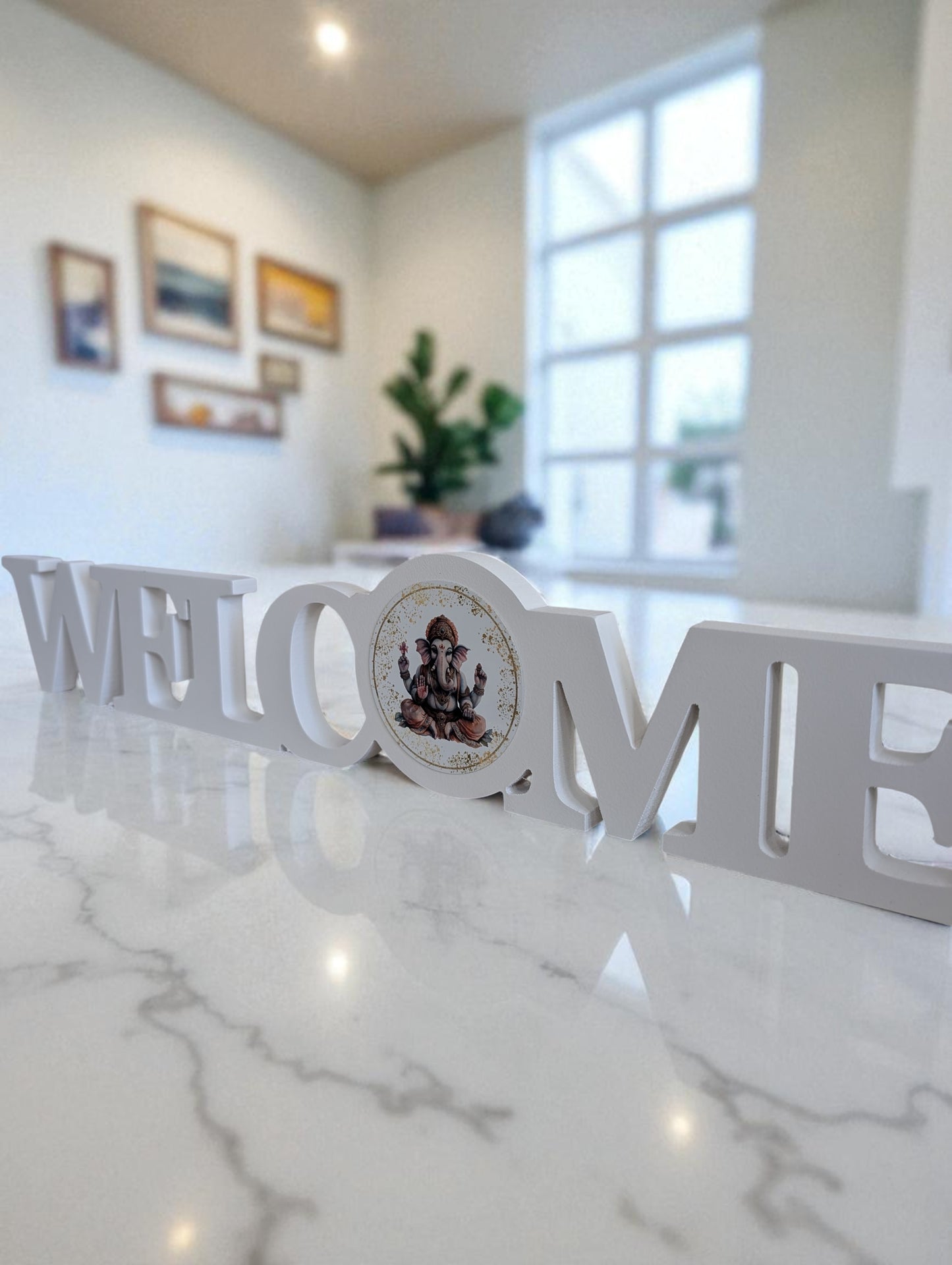 White Wooden “Welcome” Sign with Ganesh