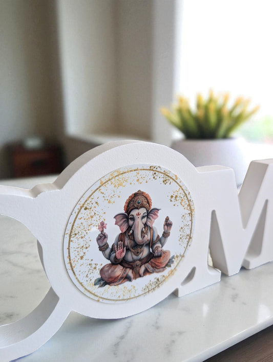 White Wooden “Welcome” Sign with Ganesh